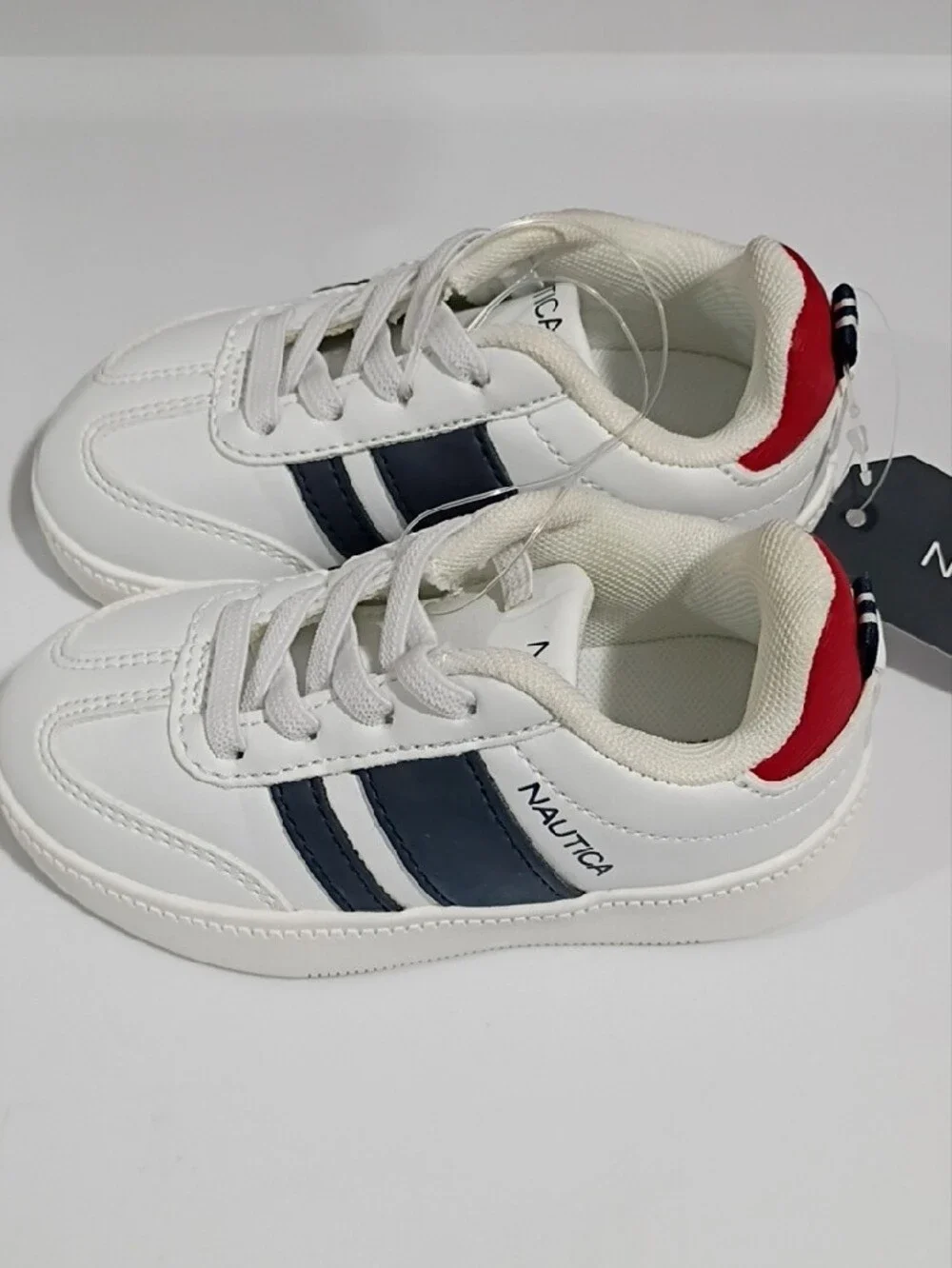 NAUTICA Kids White Sneakers with Navy Stripes and Red Heel Trim - SIZE 6 Toddler